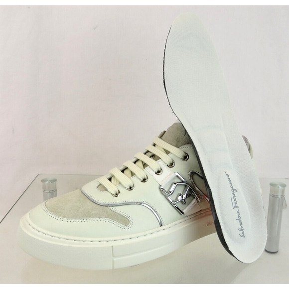 $795 FERRAGAMO NORIS WHITE LEATHER BEIGE SUEDE SF LOGO SNEAKERS 10.5 M ITALY main image 14